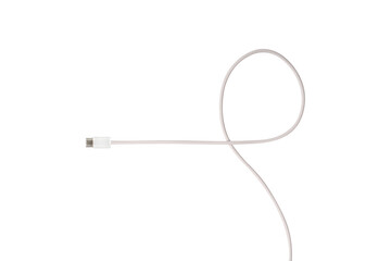 A white fabric-braided USB Type-C cable isolated on a transparent PNG. Ideal for concepts related to business technology, data transfer, connectivity and fast charging for modern devices.
