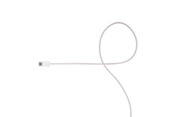 A white fabric-braided USB Type-C cable isolated on a transparent PNG. Ideal for concepts related to business technology, data transfer, connectivity and fast charging for modern devices.