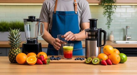 Man preparing a colorful, healthy layered smoothie or juice in the kitchen with fresh fruits and blenders.