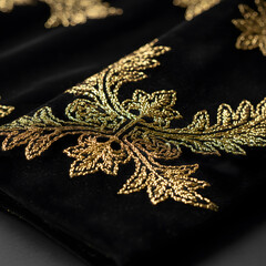 Close Up of Gold Embroidery on Black Velvet Fabric