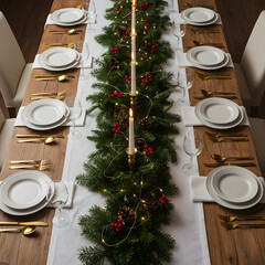 Elegant Christmas Dinner Table Setting with Greenery Garland