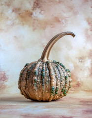 Warty Gourd with a Curving Stem Against a Textured Backdrop