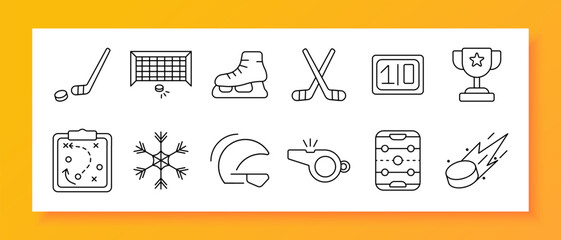 Hockey set icon. Stick, puck, skate, goal, whistle, snowflake, trophy, strategy board, scoreboard, helmet, match, sport, training, ice, cold, competition, game, rink, victory, referee