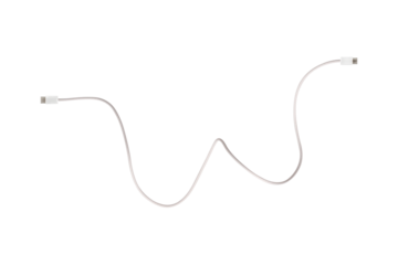 A white fabric-braided USB Type-C cable isolated on a transparent PNG. Ideal for concepts related to business technology, data transfer, connectivity and fast charging for modern devices.