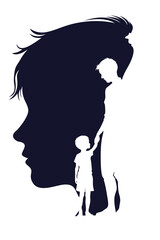 A symbolic illustration showing a child holding an adult’s hand within a larger silhouette, representing inner child healing, emotional growth, memory, and psychological connection.