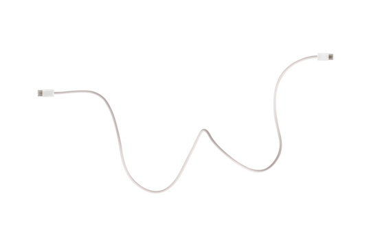 A white fabric-braided USB Type-C cable isolated on a transparent PNG. Ideal for concepts related to business technology, data transfer, connectivity and fast charging for modern devices.