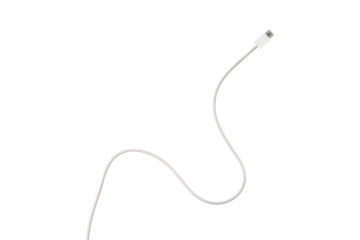 A white fabric-braided USB Type-C cable isolated on a transparent PNG. Ideal for concepts related to business technology, data transfer, connectivity and fast charging for modern devices.