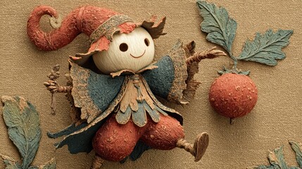 Whimsical scarecrow figure, playing in a garden of vintage aesthetic