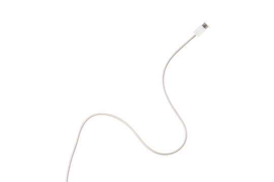 A white fabric-braided USB Type-C cable isolated on a transparent PNG. Ideal for concepts related to business technology, data transfer, connectivity and fast charging for modern devices.