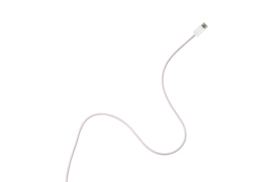 A white fabric-braided USB Type-C cable isolated on a transparent PNG. Ideal for concepts related to business technology, data transfer, connectivity and fast charging for modern devices.