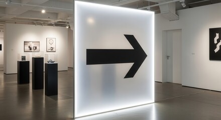 Contemporary Exhibition Space with Arrow Symbol Signaling Direction and Guiding Viewers Further