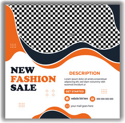 New fashion sale social media post template with abstract waves, photo placeholder website and email contact info for promotion Vector