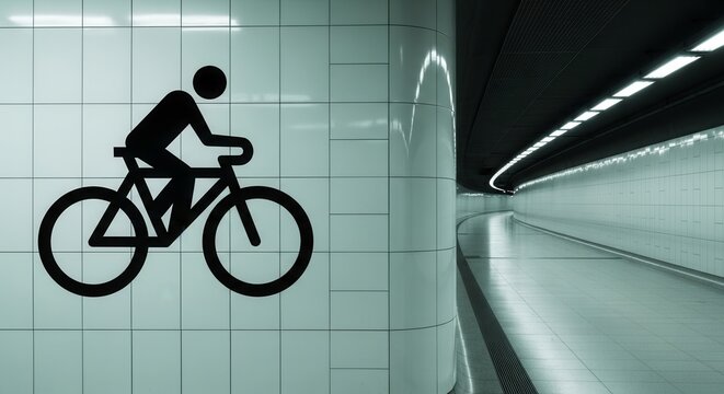 Cyclist Symbol Sign And Subway Tunnel Passage With Distinctive Architectural Lighting Arrangement