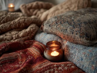 Cozy Winter Reading Nook with Warm Drink, Candlelight and Soft Knitted Textures