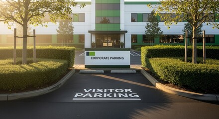 Corporate Building Exterior With Visitor Parking and Green Landscape in Daylight