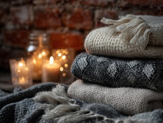 Cozy Winter Reading Nook with Warm Drink, Candlelight and Soft Knitted Textures