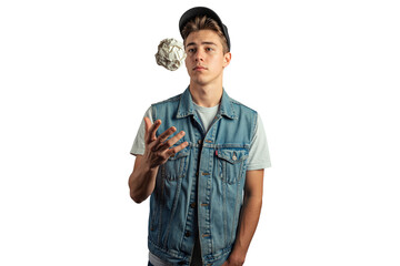 Isolated teen boy tossing paper ball in casual denim vest