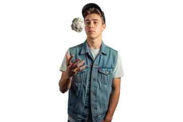 Isolated teen boy tossing paper ball in casual denim vest