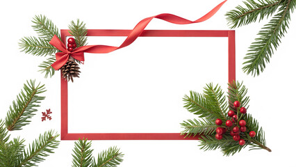 festive christmas greeting card frame template with fir pine tree branches red ribbon bow berries and a blank center, white isolated  background or cutout transparent png