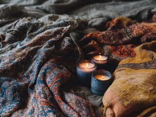 Cozy Winter Reading Nook with Warm Drink, Candlelight and Soft Knitted Textures