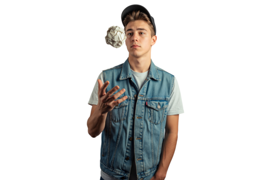 Isolated teen boy tossing paper ball in casual denim vest