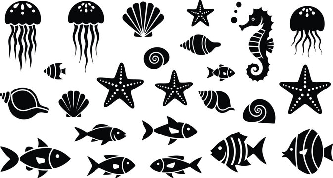 Black and white sea creatures silhouettes including fish starfish jellyfish seahorse and shells in vector style illustration