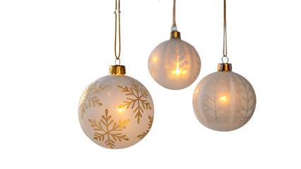 Hanging christmas balls luxury ornaments set red gold silver green glowing on an isolated background, white isolated  background or cutout transparent png
