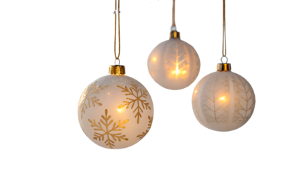 Hanging christmas balls luxury ornaments set red gold silver green glowing on an isolated background, white isolated  background or cutout transparent png