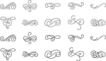 Elegant vintage calligraphic swirl set, ornate decorative flourish collection, classic filigree ornament group, swirl, curl, divider, scroll, border element, black line art design vector illustration