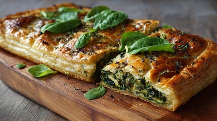 Delicious spinach and ricotta pie with fresh basil is ready to serve for lunch at your gourmet Italian restaurant or cozy family dinner