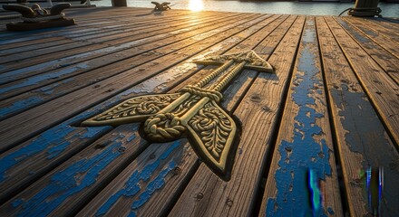 Decorated Arrow Emblem on Rustic Wooden Dock in Warm Sunlight and Appealing Colors