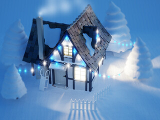 Snowy Christmas Cottage with Festive Lights, 3d illustration