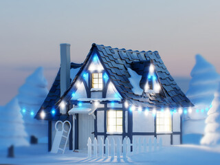 Snowy Christmas Cottage with Festive Lights, 3d illustration