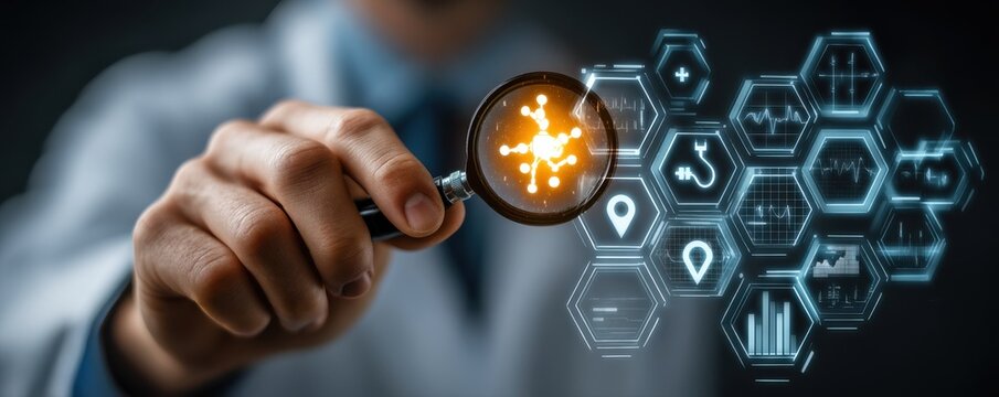 Doctor holds magnifying glass with medical icons and digital health hexagons in focus
