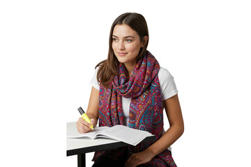 Smiling female student highlighting notes at desk with colorful scarf