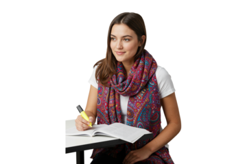 Smiling female student highlighting notes at desk with colorful scarf