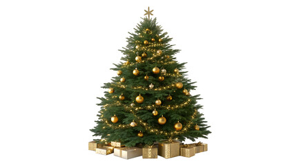 Fototapeta premium A realistic christmas tree with golden ornaments lights and gift boxes, white isolated background or cutout transparent png