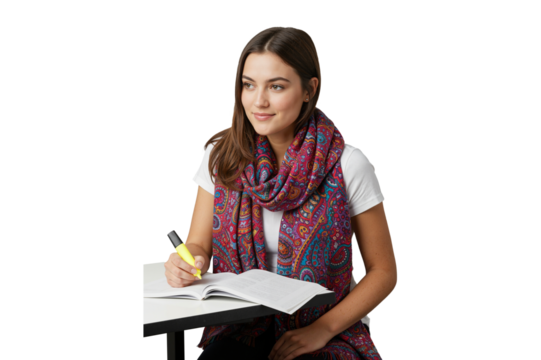 Smiling female student highlighting notes at desk with colorful scarf