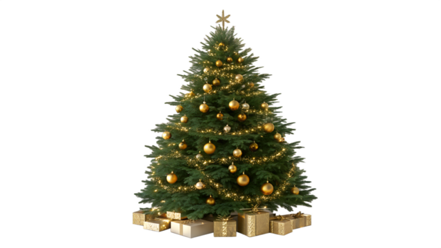 A realistic christmas tree with golden ornaments lights and gift boxes, white isolated  background or cutout transparent png