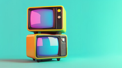 Stacked Retro Televisions with Neon Glow on Cyan Background