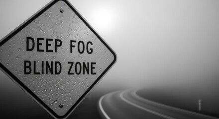 Deep Fog Warning Sign Against A Misty Road Illustrating Hazardous Driving Conditions