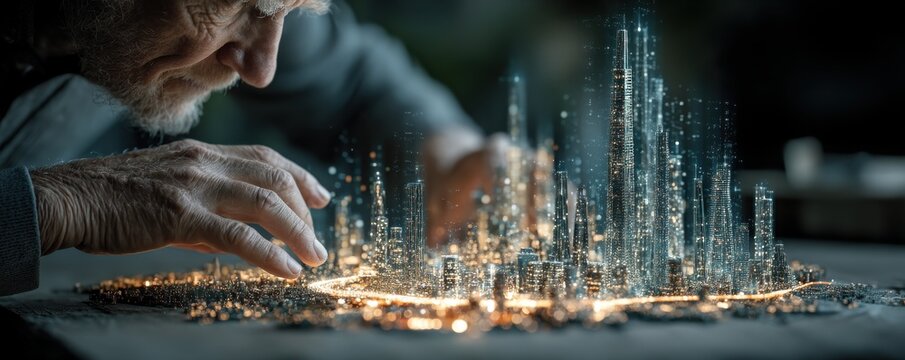 Holographic urban development model being crafted by an elderly man, a futuristic city concept
