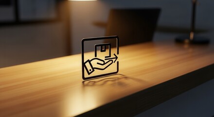 Delivery Icon On Wooden Desk Lit By Focused Light With Blurred Environment Elements