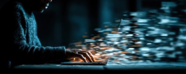 Person typing on laptop as digital documents disperse into light in a modern tech workspace