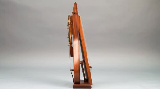 A wooden stringed instrument with a unique curved design and a small stand