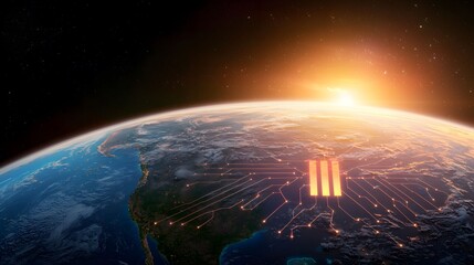 The image displays a digital rendering of Earth with a focus on the North American continent, overlaid with a futuristic glowing circuit board design and dramatic light.