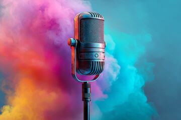 Abstract visualization of sound waves transforming into colorful smoke surrounding a microphone, concept art about music inspiration
