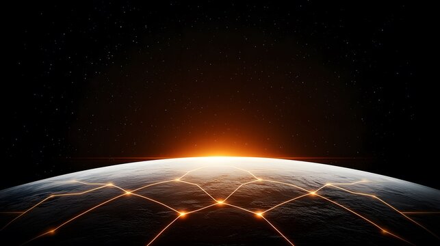 The image features a planet with a network spread across its surface, set against a backdrop of a starlit sky with a bright glow emanating from the horizon.