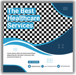 Modern healthcare services social media post template with checkerboard background and dynamic blue wave design elements Vector