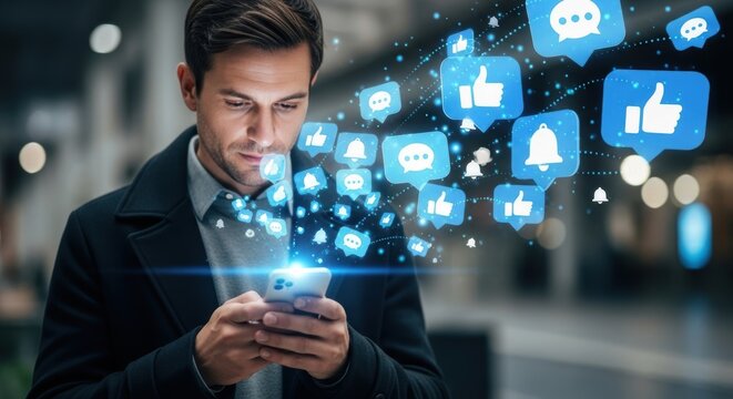 Man Using Smartphone with Social Media Notifications